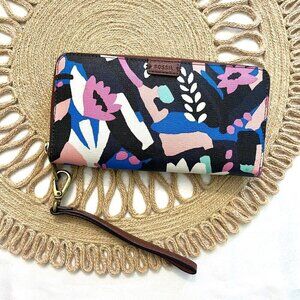 Fossil Emma RFID Large Zip Clutch Black Floral Wallet